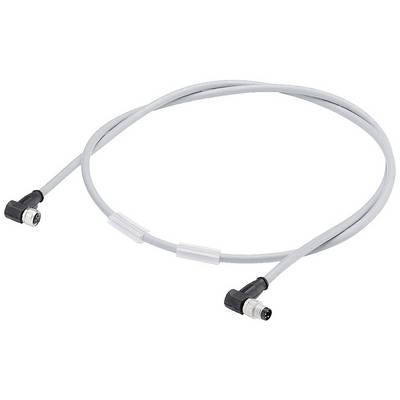 Câble gris, flexible, avec deux connecteurs coudés à ses extrémités, adapté aux connexions industrielles.