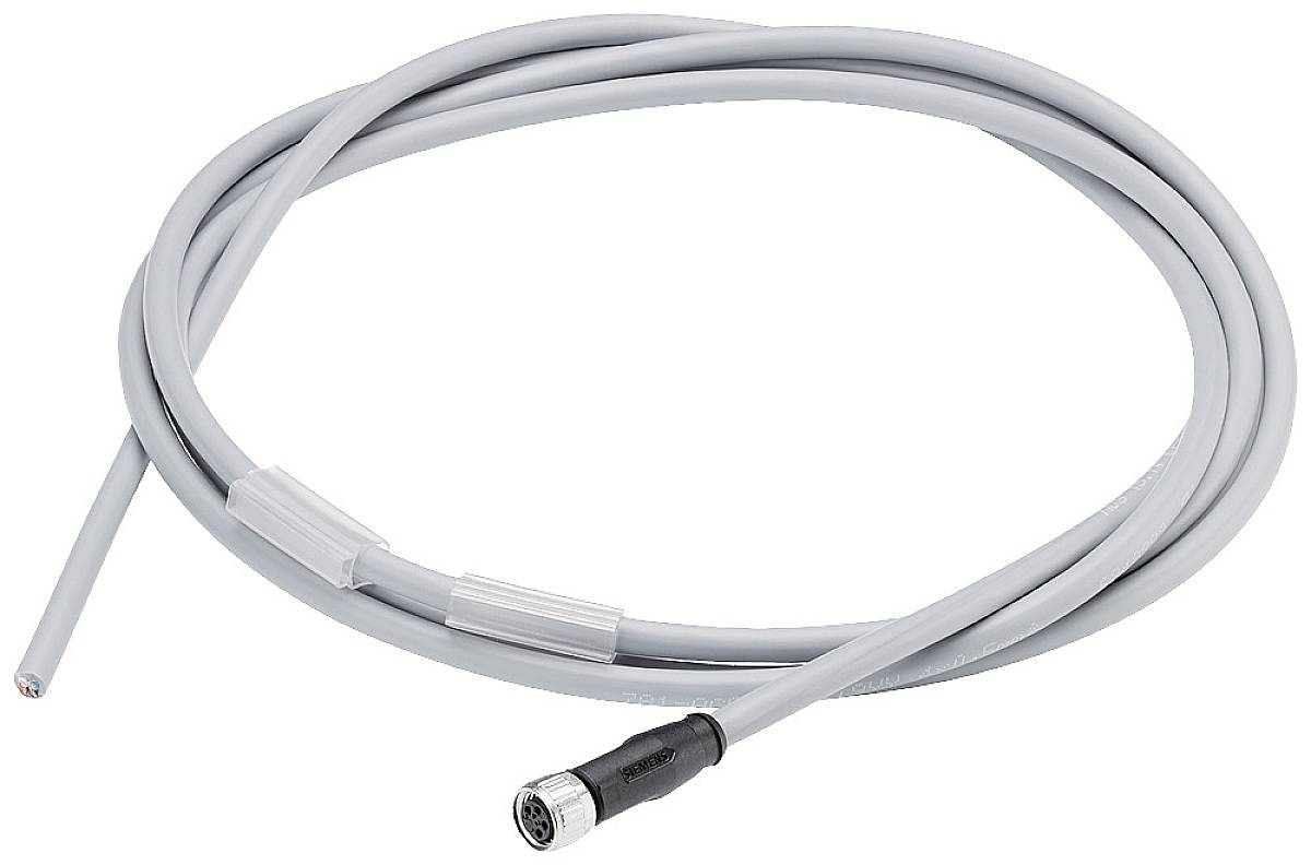 Câble gris avec connecteur et extrémité libre, adapté pour les connexions électriques ou le câblage.
