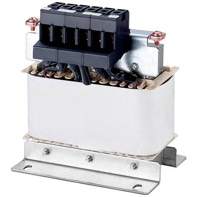 Un transformateur électrique avec un bloc de connexion noir et un boîtier métallique, monté sur un support en acier.