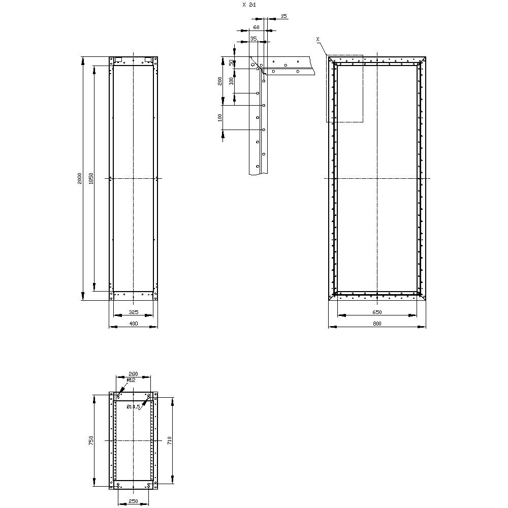 Dessin technique d'un cadre rectangulaire avec dimensions et croquis de la vue latérale. Dimensions : 1500x600x300 mm.