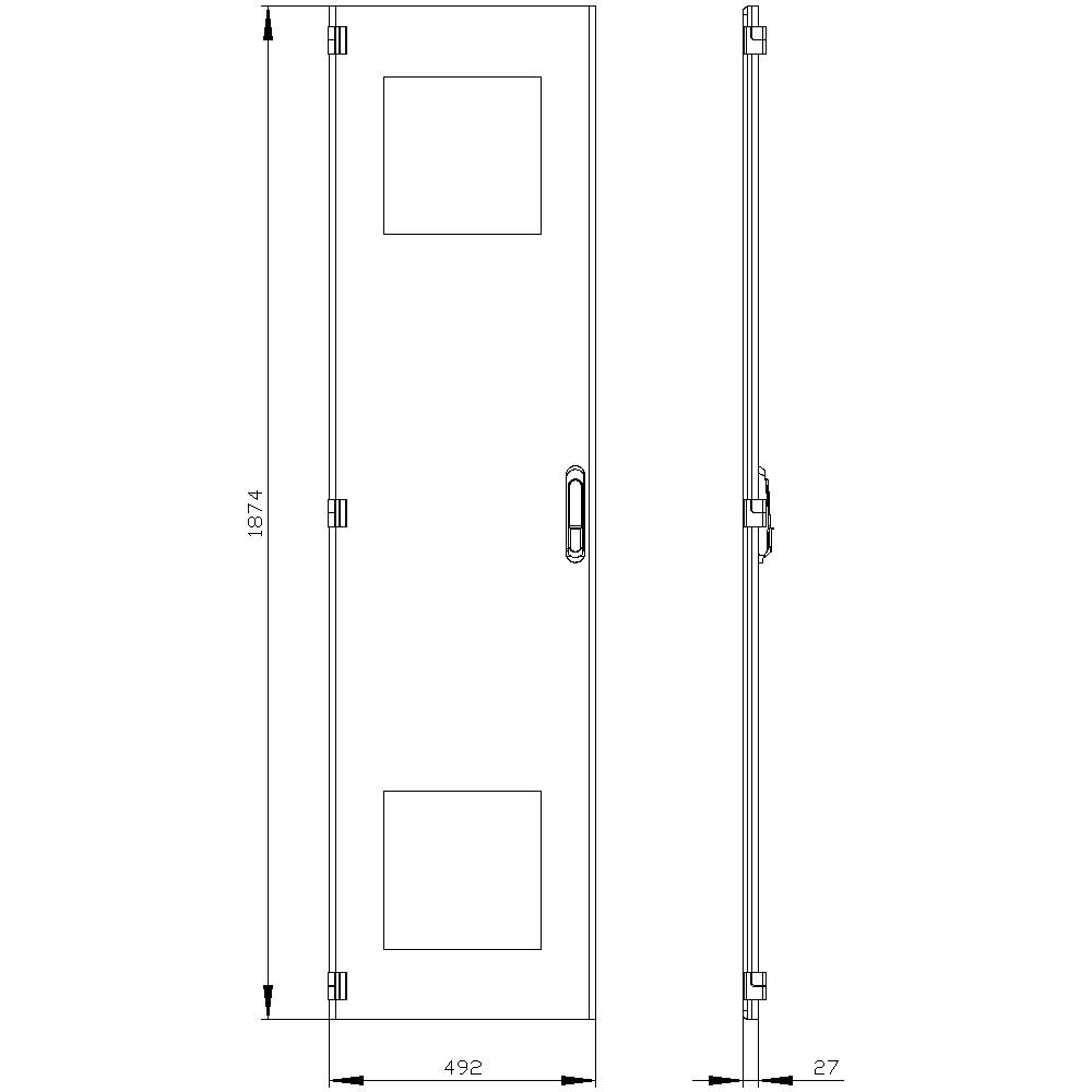 Dessin de porte avec vue de face et de côté. Dimensions : hauteur 1874 mm, largeur 492 mm, épaisseur 27 mm, deux fenêtres carrées, trois charnières.