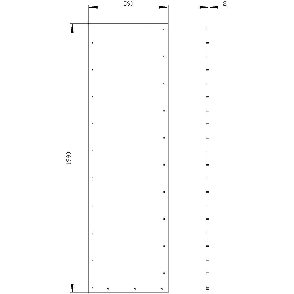 Dessin technique d'une tôle métallique rectangulaire aux dimensions 1990 mm x 590 mm x 2 mm avec des trous percés répartis uniformément.