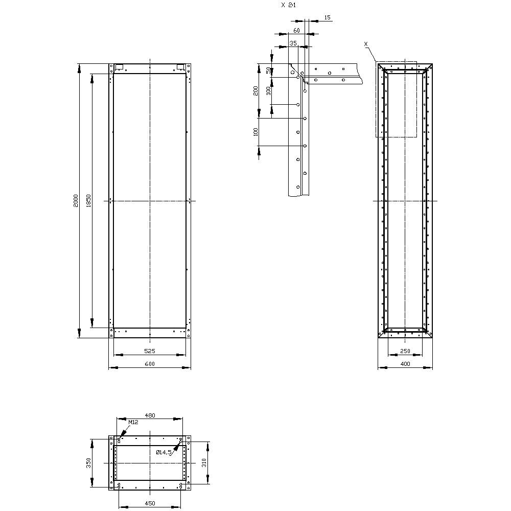 Dessin technique représentant une construction métallique rectangulaire avec des dimensions détaillées. Les vues de côté et de face sont présentées.