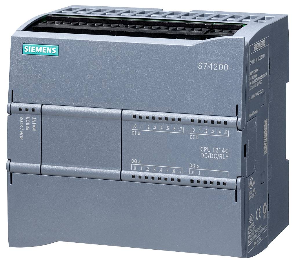 Un automate Siemens S7-1200, gris, avec plusieurs connexions et affichages LED, destiné au contrôle industriel.