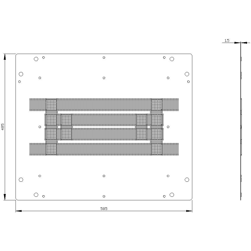 Dessin technique d'un composant rectangulaire de dimensions 585 x 495 mm avec plusieurs bandes montées au centre.