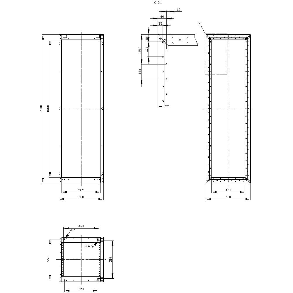 Dessin technique d'un cadre rectangulaire en métal avec des dimensions en millimètres. Présente les vues de face, de côté et de dessus avec des mesures détaillées.