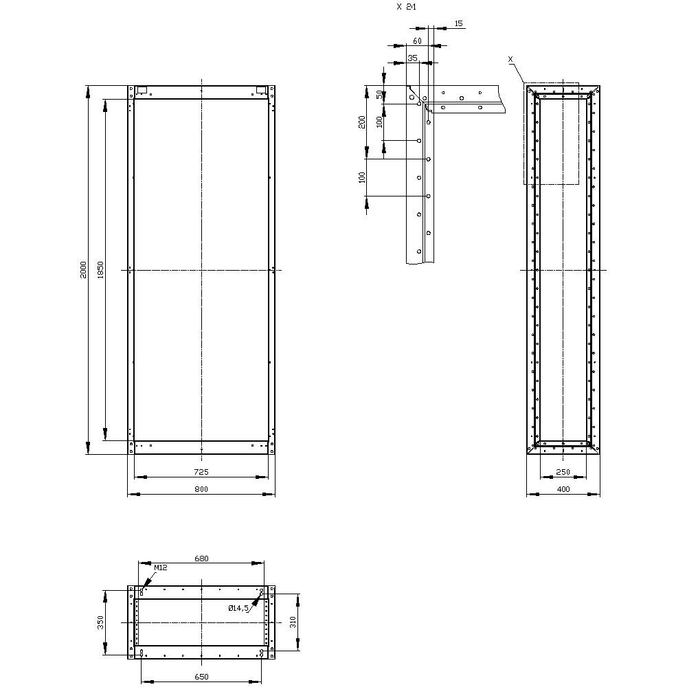 Dessin technique d'un cadre rectangulaire avec des dimensions détaillées en millimètres, comprenant des vues de face, de dessus et de côté.
