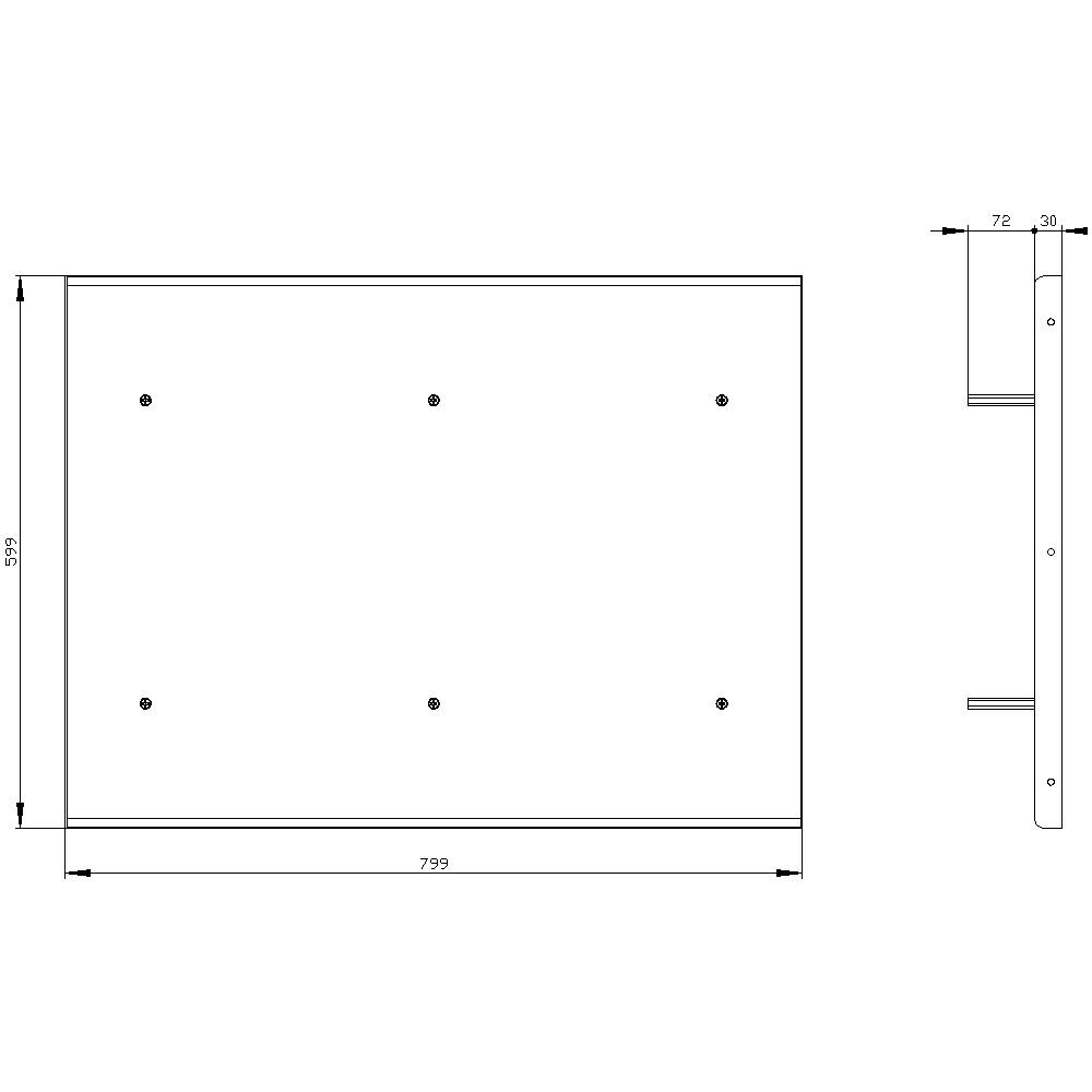 Dessin technique d'une plaque rectangulaire avec les dimensions suivantes : 799 mm de largeur, 550 mm de hauteur, 75 mm de profondeur ; vue de face et de côté.