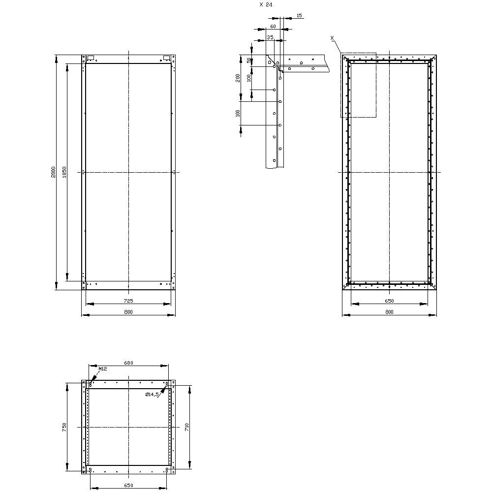 Dessin technique d'un cadre rectangulaire en métal avec des dimensions et des vues détaillées. Vue de face, vue latérale et vue de dessus.