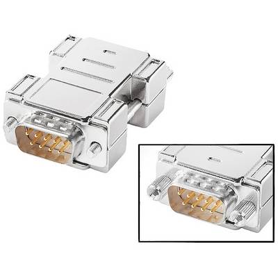 Un adaptateur VGA argenté pour la connexion d'appareils avec des ports VGA. Un gros plan montre les broches dorées du connecteur.
