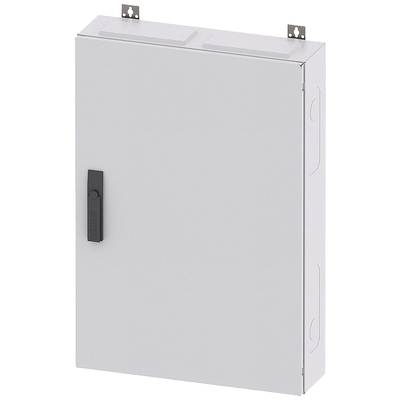Un placard métallique rectangulaire gris avec une poignée noire, fixé au mur, probablement destiné à héberger des composants électriques.