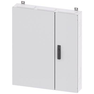 Un boîtier métallique gris avec deux portes et une poignée noire au centre. Les deux portes sont fermées.