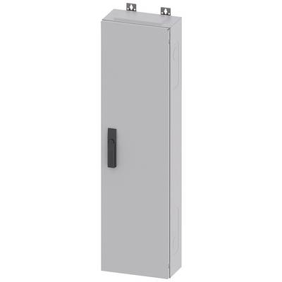 Coffret de distribution mural en métal peint en gris, avec porte rectangulaire et serrure à poignée tournante, montable sur deux supports supérieurs.