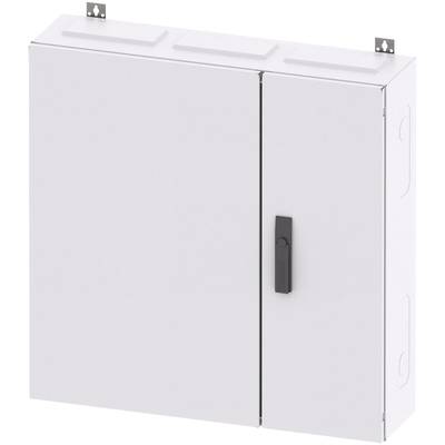 Armoire électrique métallique avec deux portes, une barre de poignée noire et des possibilités de fixation en haut.