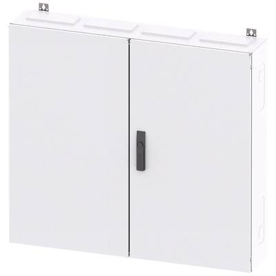 Une armoire électrique blanche à deux portes avec une poignée noire, conçue pour le rangement sécurisé de composants électriques.