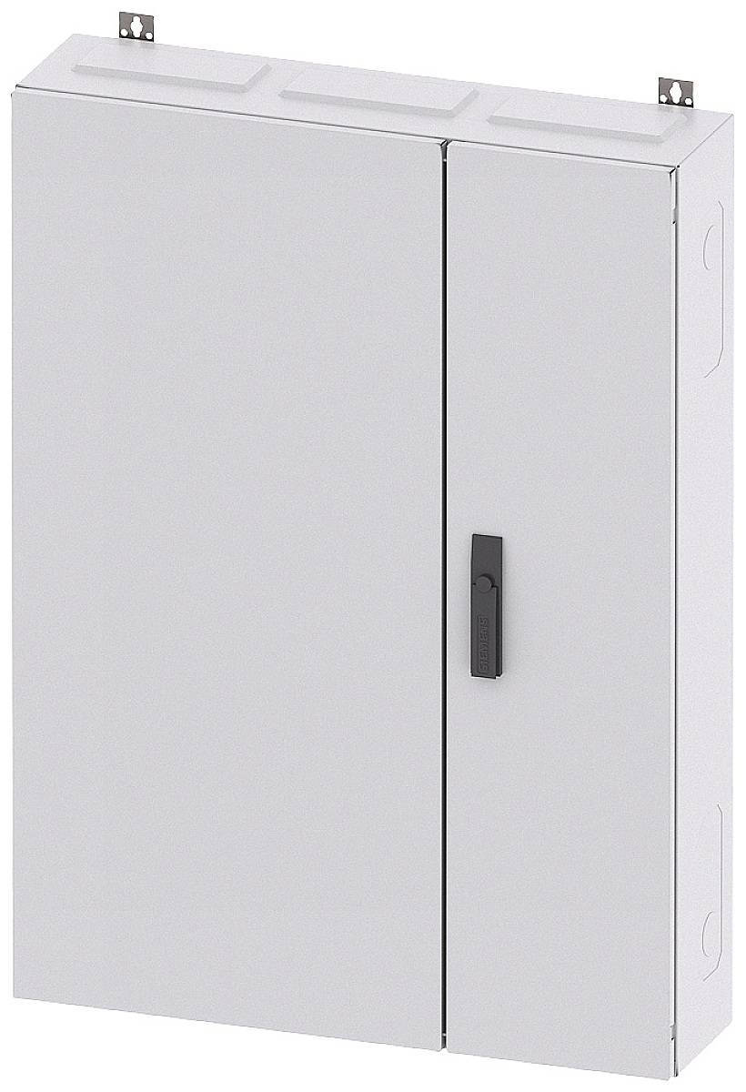Une armoire rectangulaire grise en métal, dotée de deux portes et d'une poignée noire, généralement utilisée pour les installations électriques.