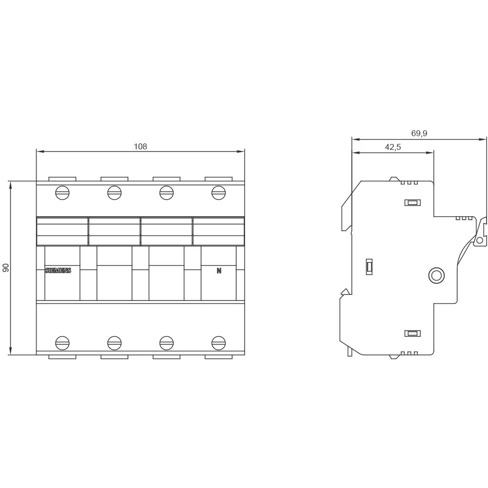 Dessin technique d'un interrupteur électrique avec dimensions : largeur 108 mm, profondeur 69,9 mm, hauteur 90 mm. Présente une vue de face et une vue latérale.