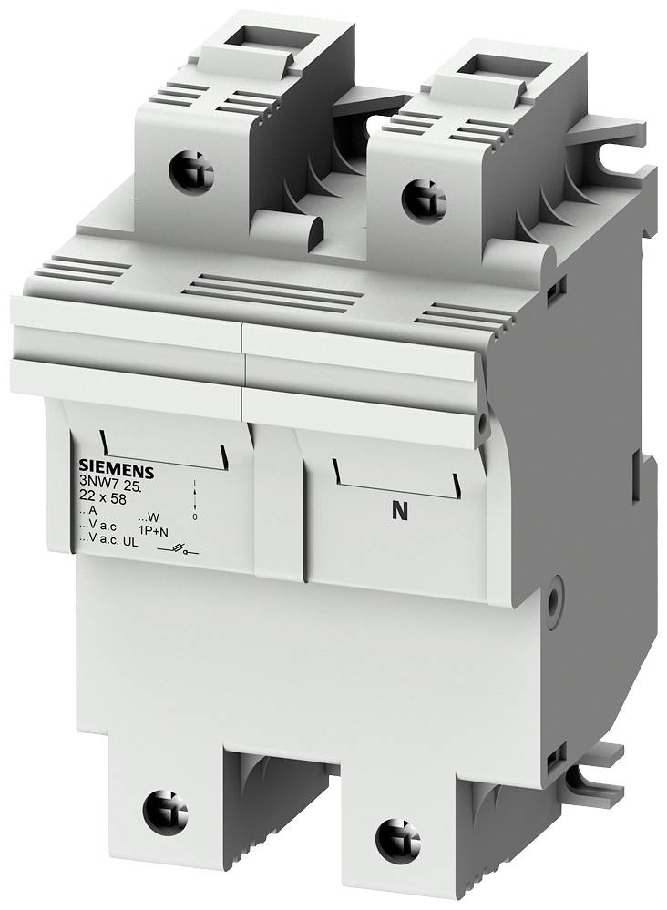 Un disjoncteur Siemens pour installations électriques, gris, avec deux touches 'N' et des étiquettes de données techniques.