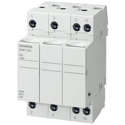 Un composant électrique portant l'inscription 'Siemens'. Il comporte cinq bornes à vis, numérotées de 1 à N, et affiche des caractéristiques techniques.