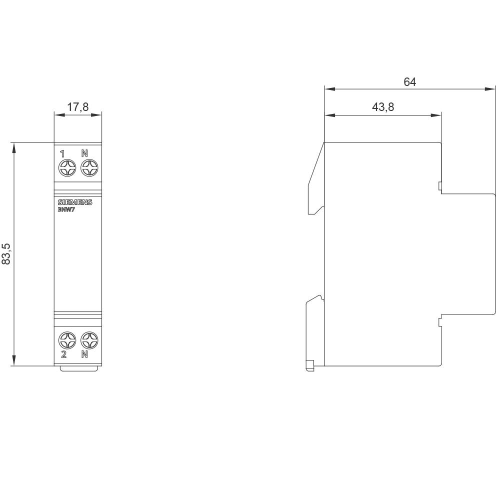 Dessin d'un composant électronique avec dimensions : largeur 17,8 mm, hauteur 83,5 mm, profondeur 64 mm. Vue de face et vue latérale.