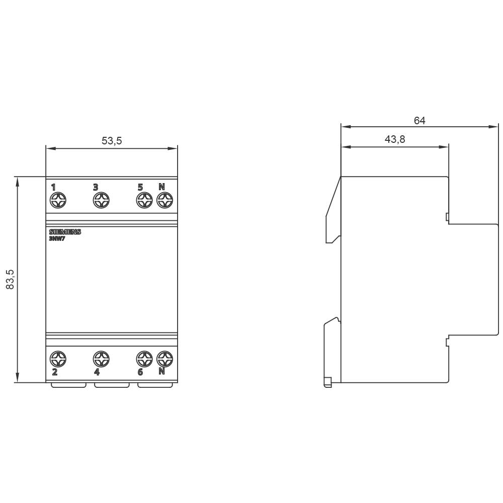Appareil électrique avec dimensions : 83,5 mm de hauteur, 53,5 mm de largeur, 64 mm de profondeur. Montre une vue de face et de côté avec des fixations à vis.