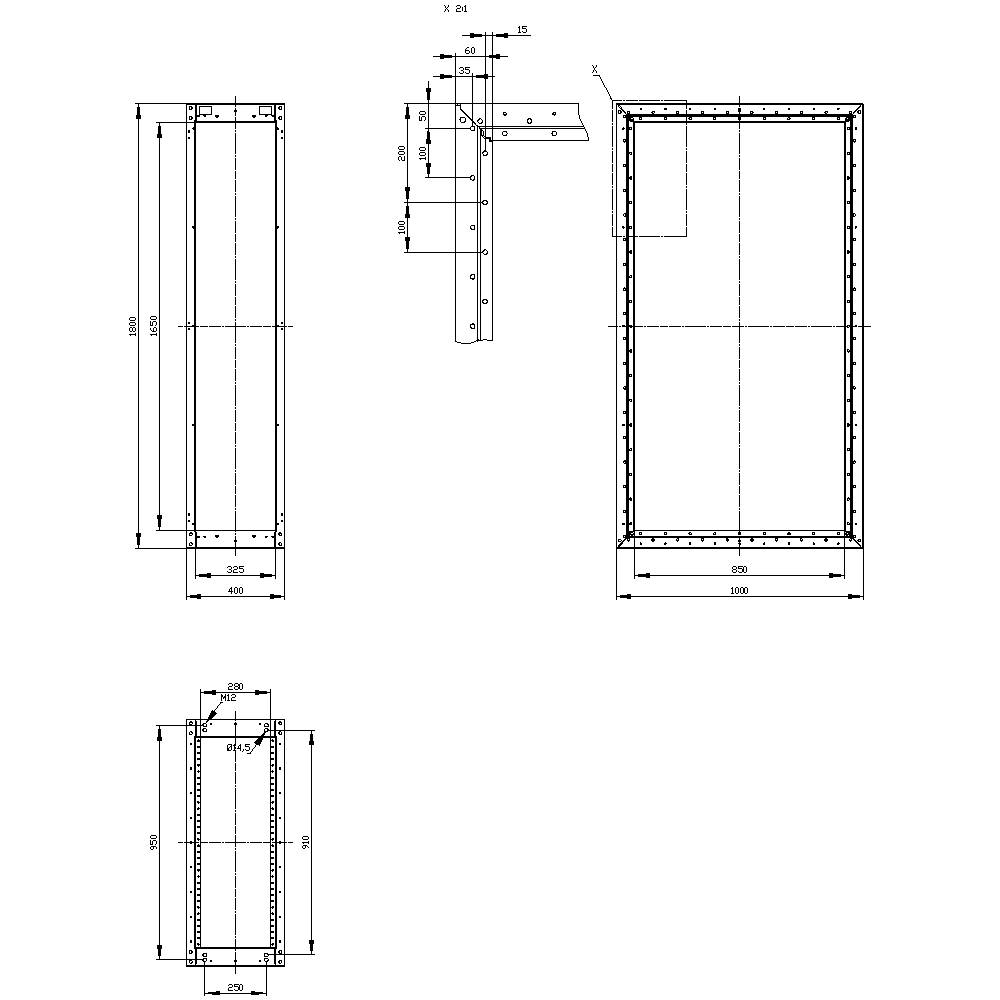 Dessin technique montrant trois vues d'un cadre rectangulaire avec ses dimensions. Les détails de fixation et les espacements sont indiqués.