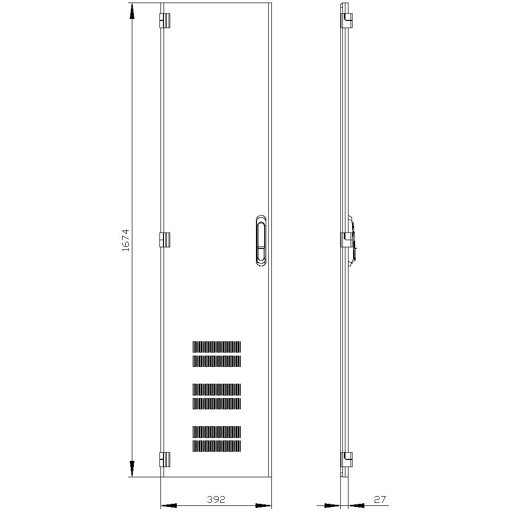 Dessin d'une porte avec les dimensions 1594 x 392 x 27 mm. La porte est équipée d'une poignée et de fentes de ventilation, représentée en vue de face et de côté.