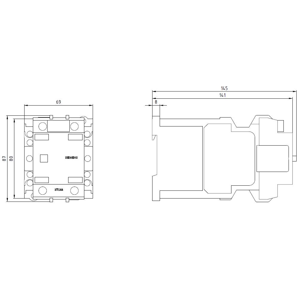 Schéma de circuit d'un composant électrique avec deux vues : vue de face et vue latérale. Dimensions : 69 mm x 87 mm face avant, profondeur de 14,5 mm.