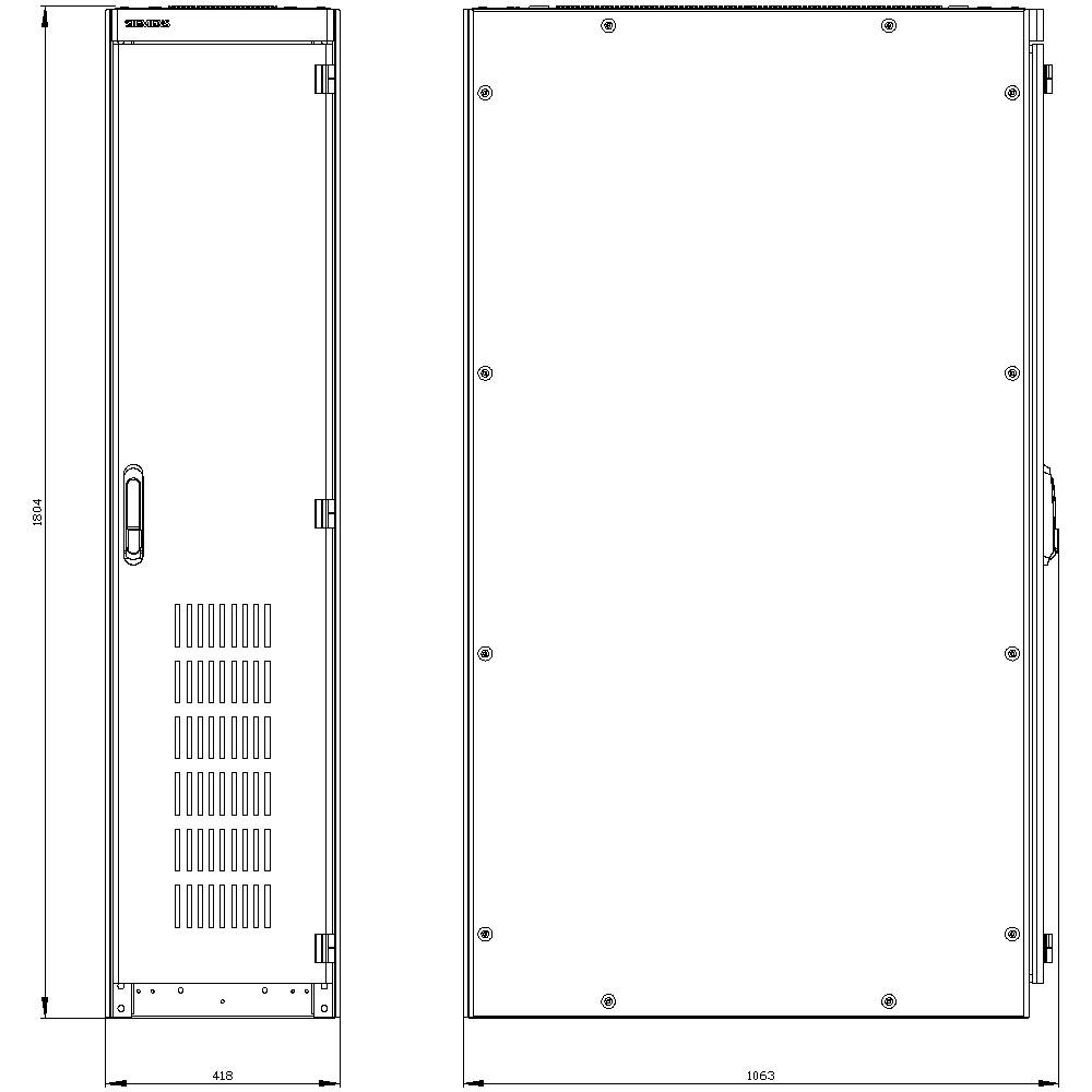 Un diagramme technique présente une vue de face et de profil d'un boîtier rectangulaire avec des fentes de ventilation et une poignée, dont les dimensions sont de 450 mm de largeur et 1804 mm de hauteur.