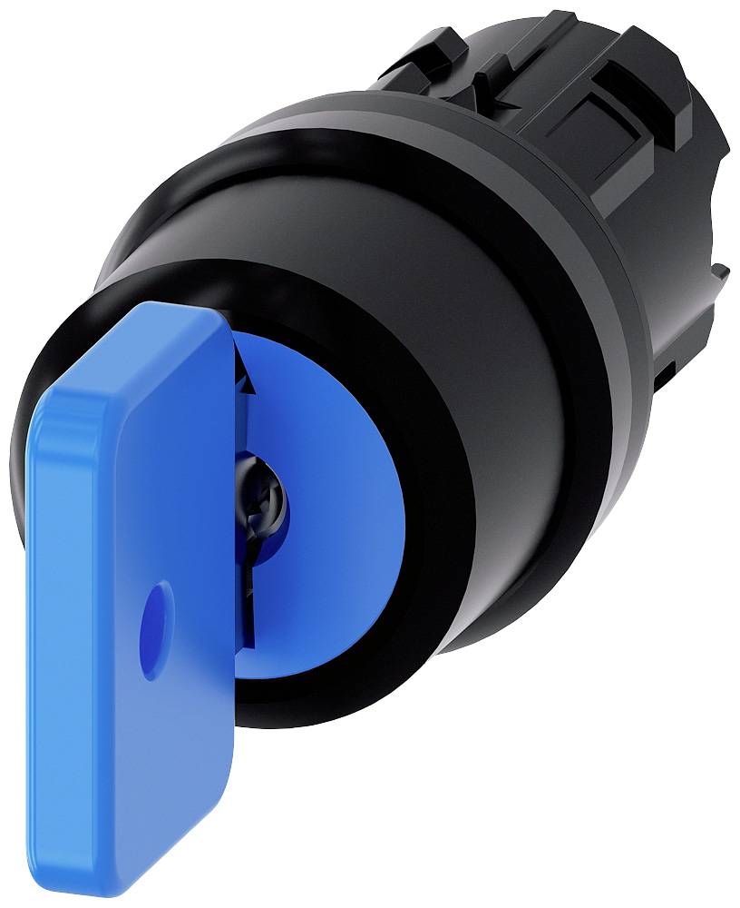 Une clé bleue et ronde est insérée dans un boîtier de commutateur noir et cylindrique. La clé est légèrement tournée.