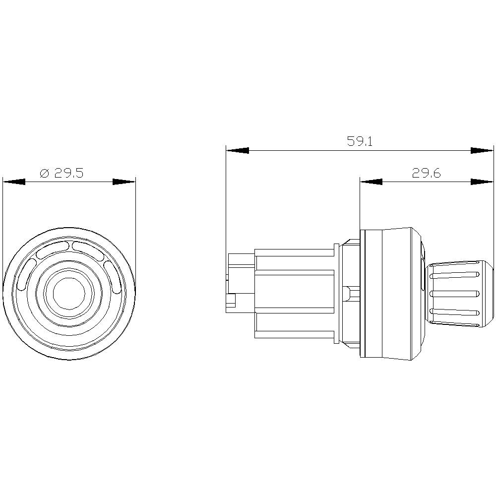 Dessin technique d'un composant cylindrique avec deux vues. Dimensions : diamètre 29,5 mm, longueur 59,1 mm, partie supplémentaire 29,6 mm.