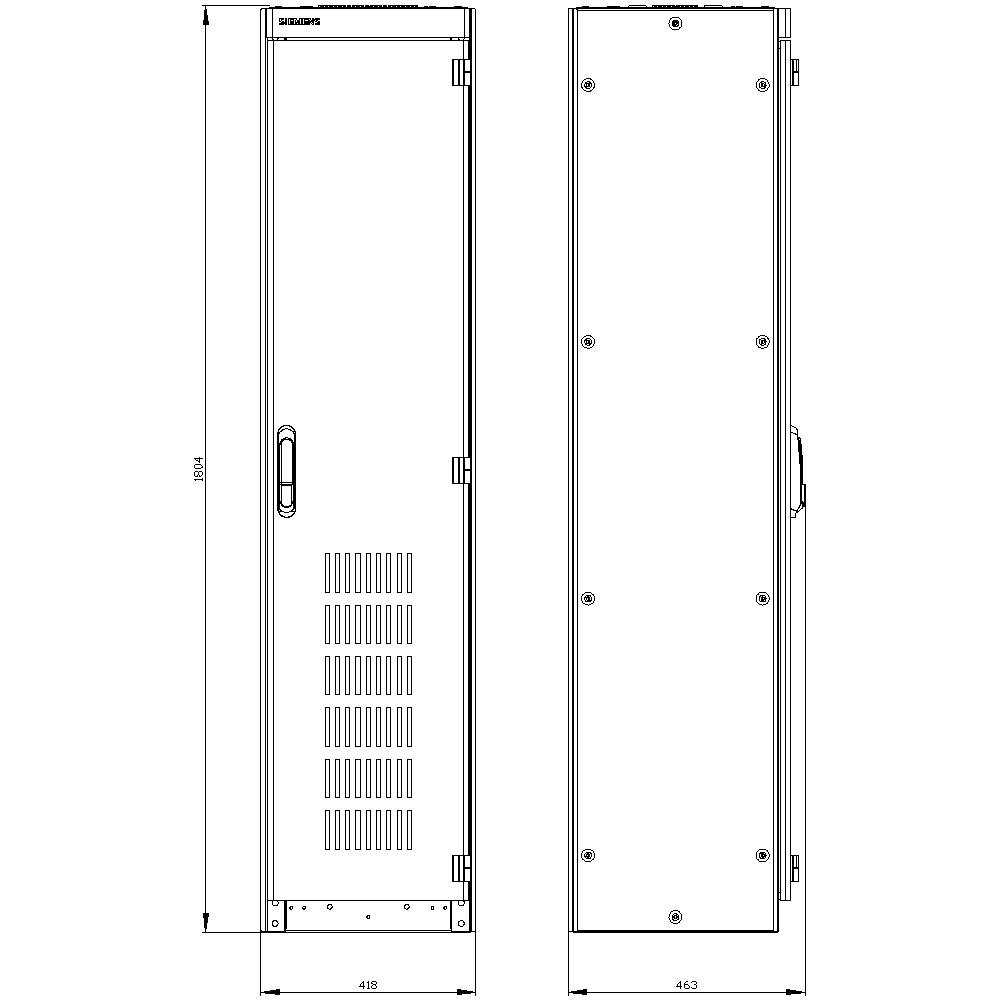 Vue technique d'une armoire technique avec des fentes de ventilation, une poignée et les dimensions de construction. À gauche, la vue de face, à droite, la vue latérale.