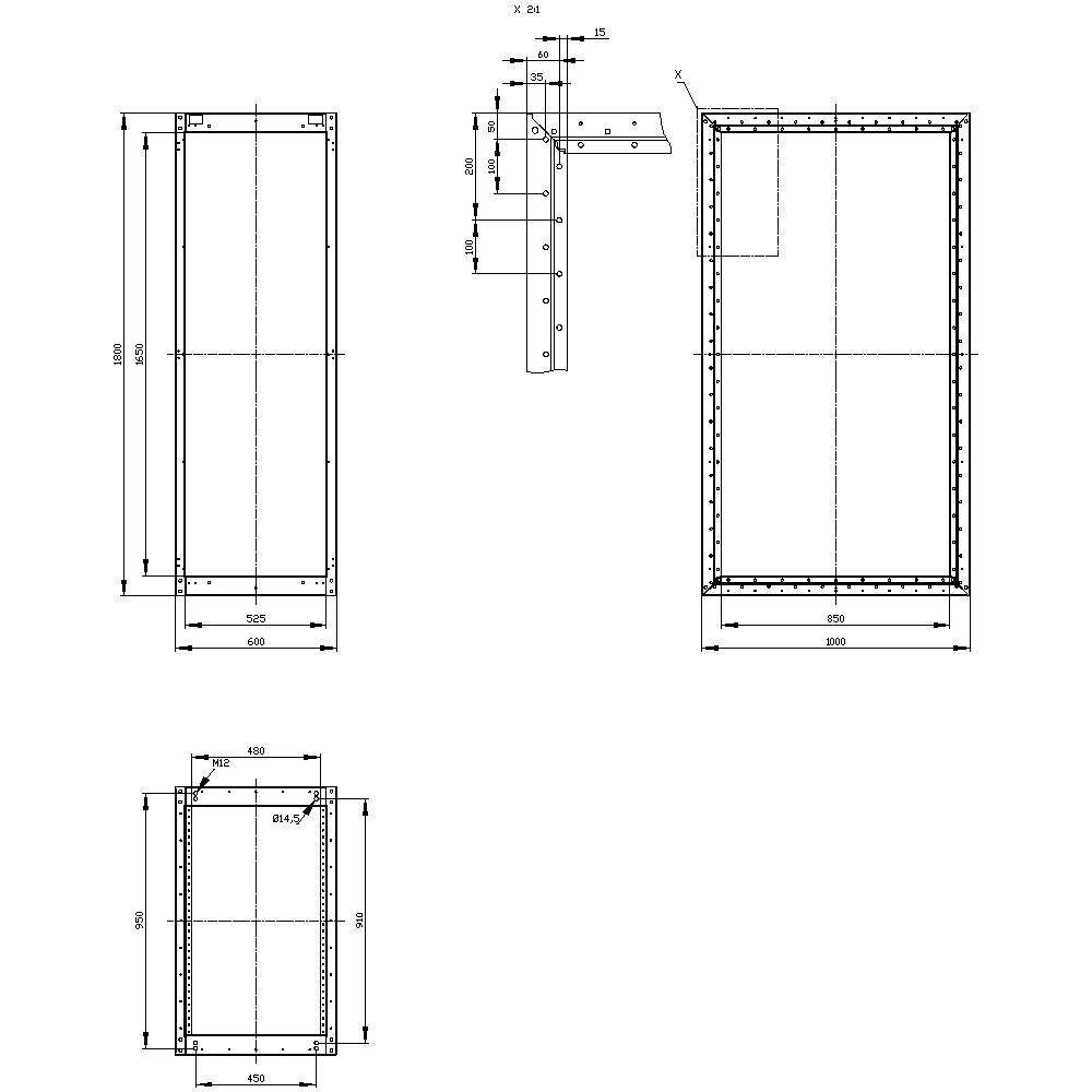 Dessin technique d'un boîtier rectangulaire avec dimensions et détails de fixation. Vues de face, de côté et de dessus.