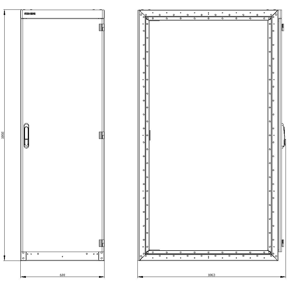 Dessin technique : Vues d'une porte avec dimensions précises. À gauche : 600 mm de large ; À droite : 1050 mm de large ; toutes deux hautes de 2050 mm.