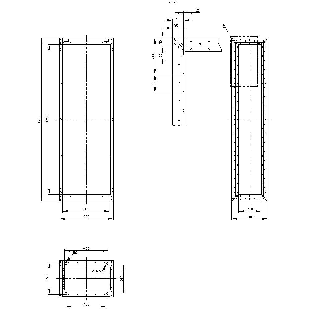 Dessin technique d'un boîtier rectangulaire avec des dimensions précises ; montre la vue de face, la vue latérale et la vue détaillée de la structure.