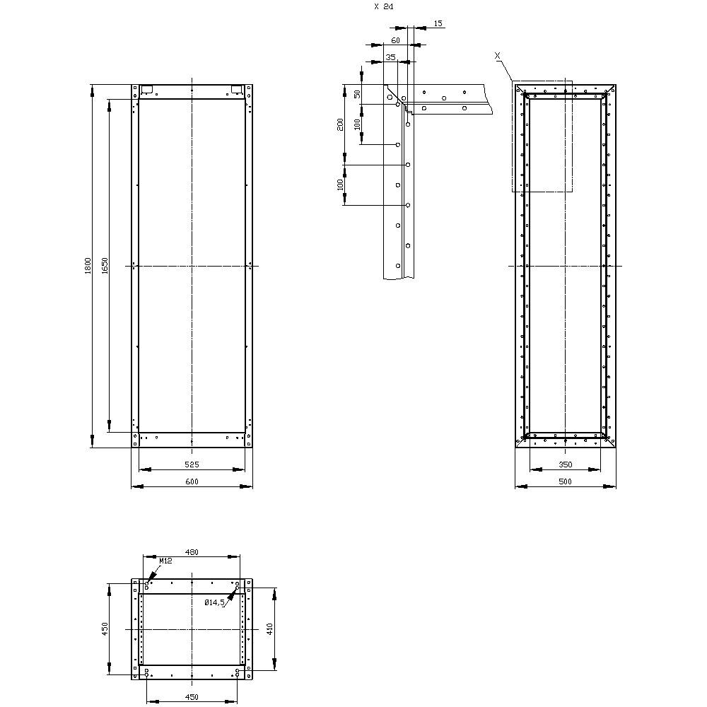 Dessin technique d'un cadre rectangulaire en métal avec dimensions. Les vues de côté et de dessus montrent des indications de mesures détaillées.