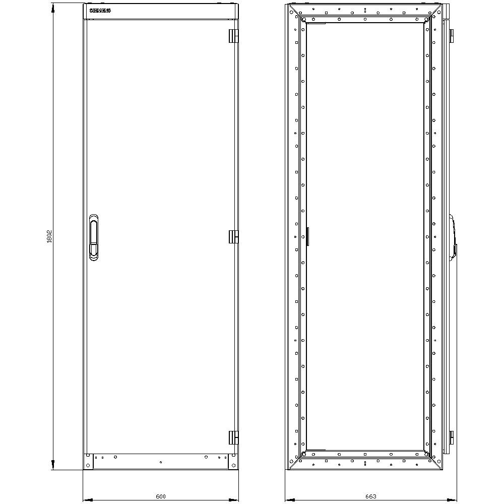 'Dessin d'un boîtier métallique rectangulaire avec porte, charnières et poignée ; dimensions sur les côtés : 1800 mm de hauteur, 600 mm de largeur.'