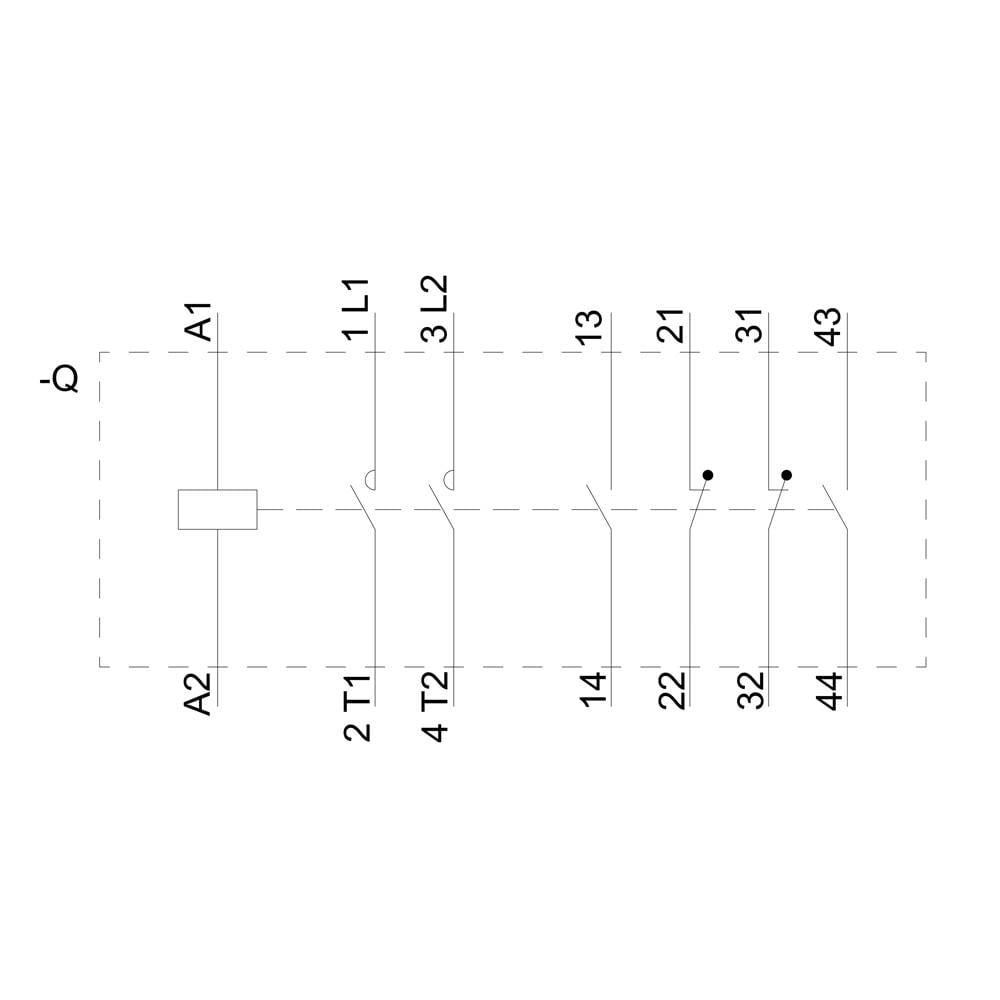 Schéma de câblage : Montre les contacts et les bobines d'un relais, avec A1 et A2 pour la tension de bobine, L1, L2 pour l'alimentation électrique, et les contacts de commutation 13/14, 21/22, 31/32, 43/44.