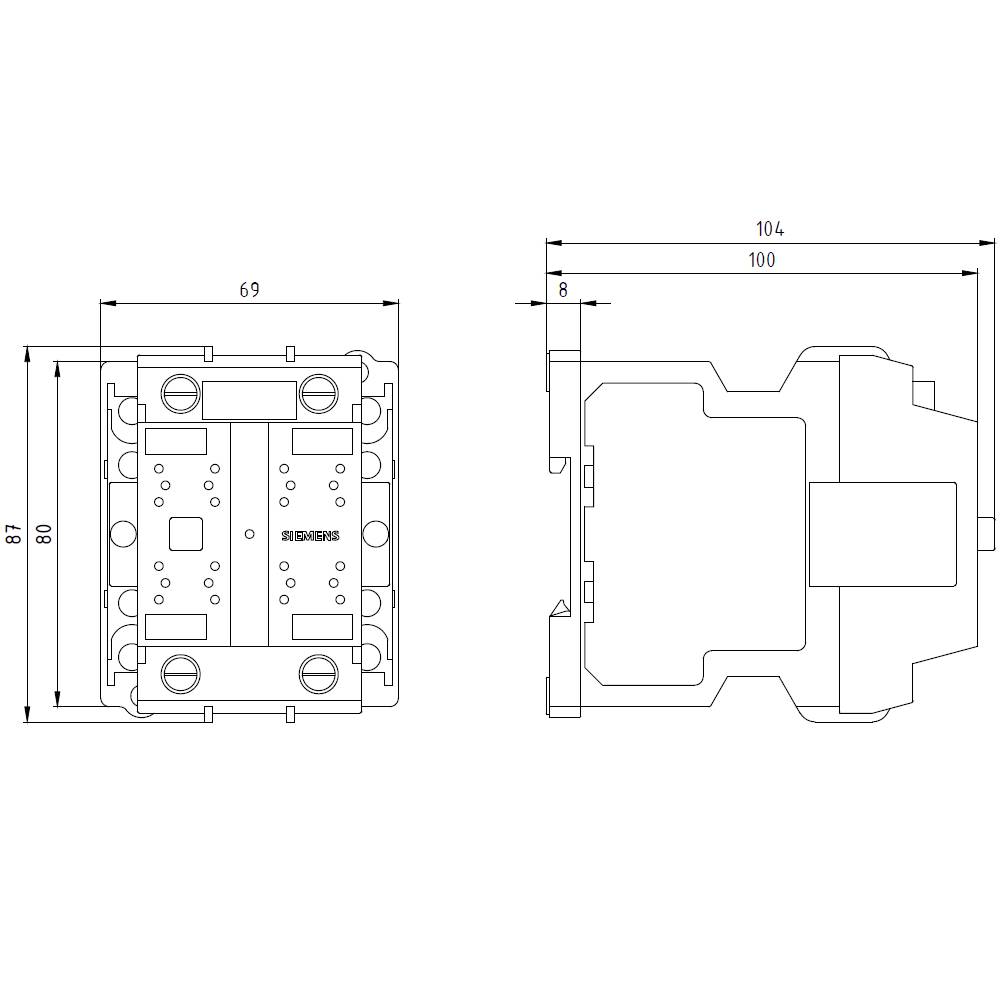 Dessin technique d'un appareil électrique rectangulaire avec les dimensions suivantes : 69 x 86 mm vue de face, 104 x 100 mm vue de côté.