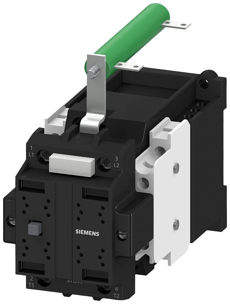 Un interrupteur électrique noir et blanc avec une poignée verte sur le dessus, adapté aux applications industrielles.