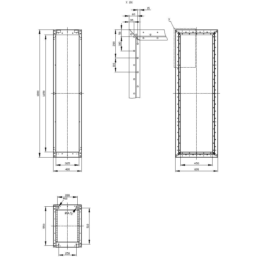 Un dessin technique d'un récipient rectangulaire avec des dimensions. Les mesures sont indiquées en millimètres, comprenant une hauteur de 2000, une largeur de 600 et une profondeur de 500. Le dessin inclut des vues de face, de côté et de dessus.