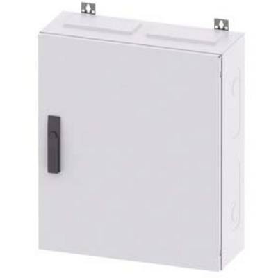 Un armoire électrique blanche avec une poignée noire, deux supports métalliques de fixation sont visibles en haut.