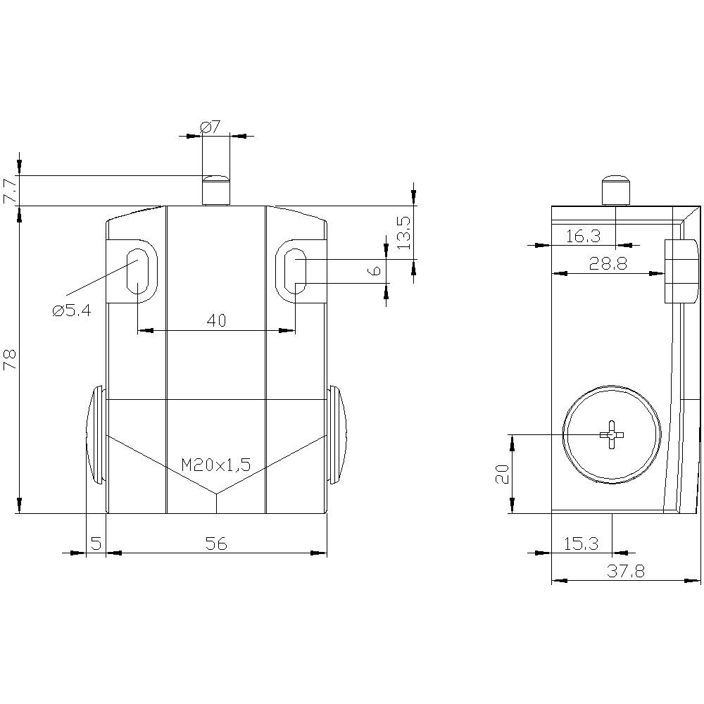 Dessin technique d'un composant cylindrique avec dimensions en millimètres : hauteur 78, largeur 56, diamètre 7, trou de montage M20x1,5.