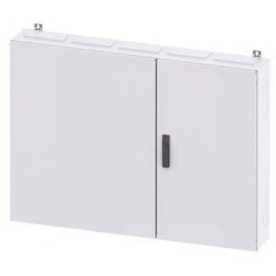 Un placard blanc à deux portes, avec une poignée métallique centrale, conçu pour le rangement dans les bureaux ou les ateliers.