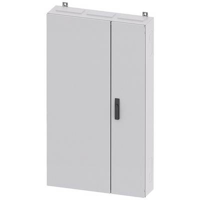 Armoire grise, rectangulaire, en métal, avec deux portes et une poignée noire au centre. L'armoire est fixée au mur.
