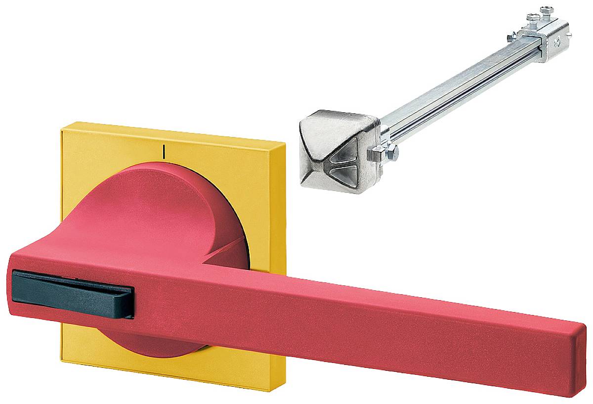 Commande d'arrêt d'urgence et mécanisme à tige : Levier rouge avec socle jaune pour l'arrêt d'urgence, relié à un mécanisme à tige métallique.