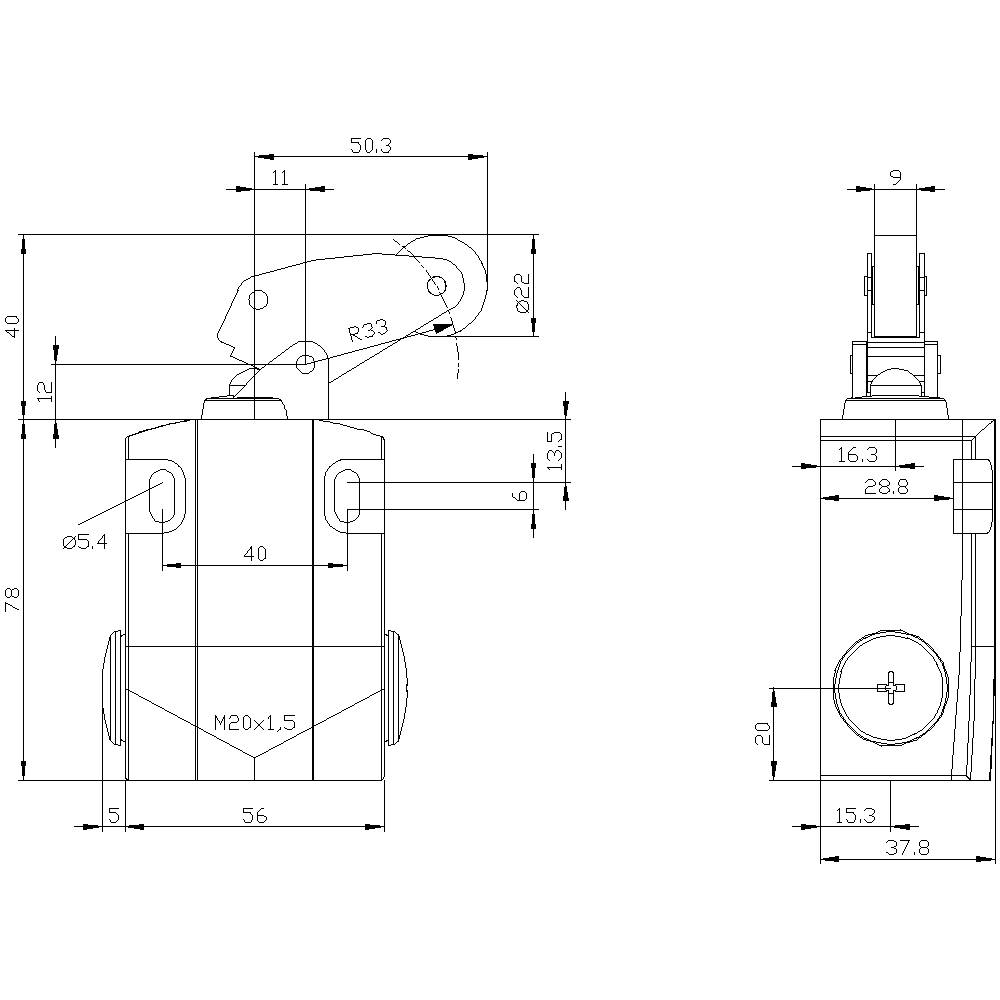 Dessin technique d'un composant avec des dimensions : longueur, largeur, hauteur et distances indiquées en détail, forme principale cylindrique.