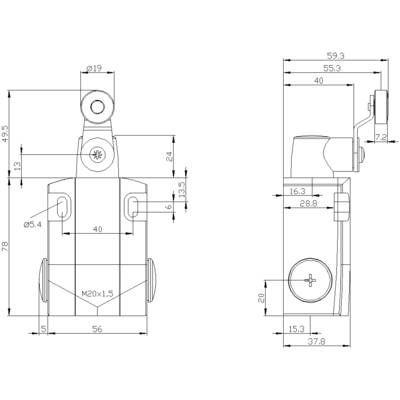 Dessin technique d'une pièce mécanique avec des dimensions détaillées en millimètres. Présente une vue de face et une vue latérale.