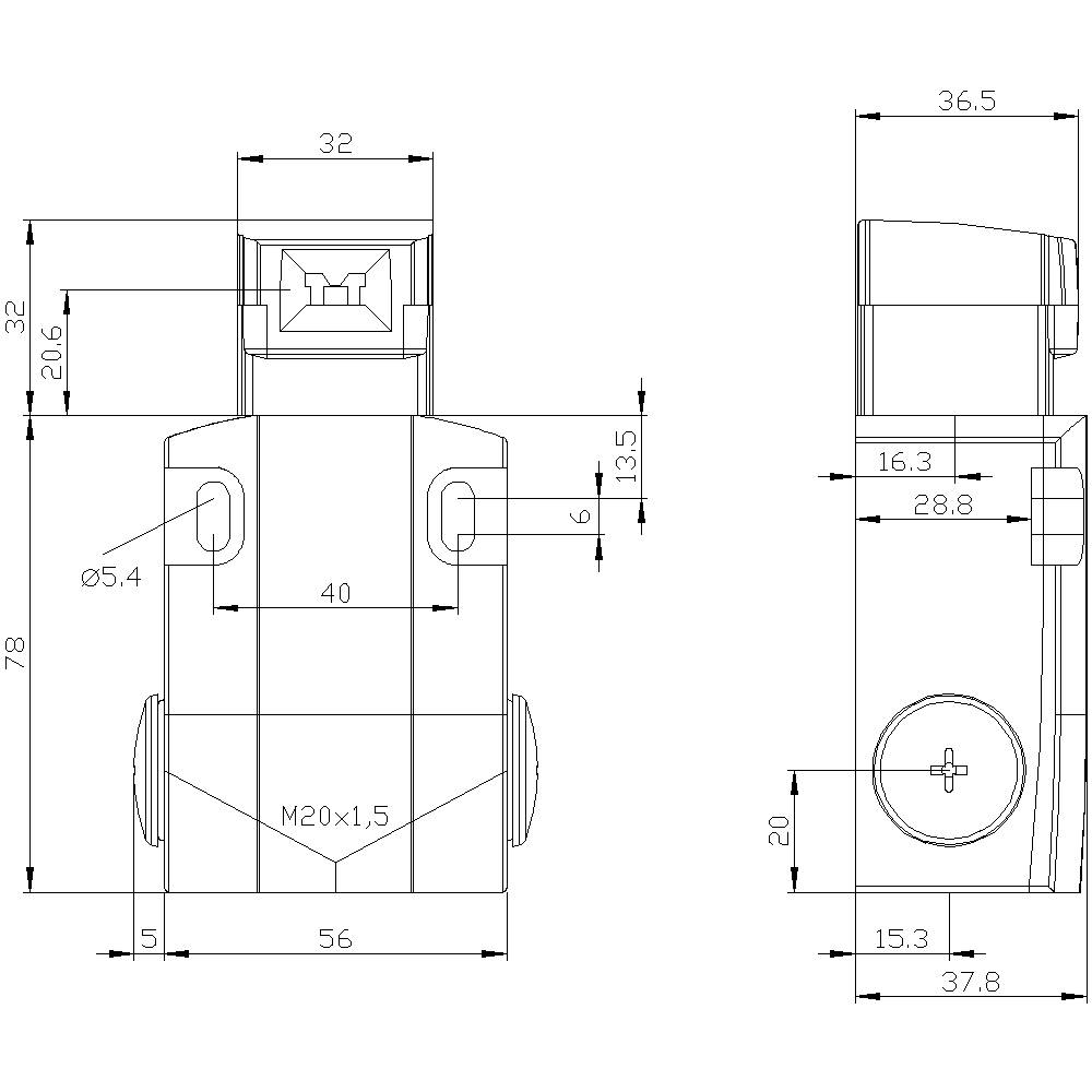 Dessin technique d'un composant avec vue latérale et frontale. Dimensions en mm : hauteur 66,1, largeur 36,5. Filetage M20x1,5.