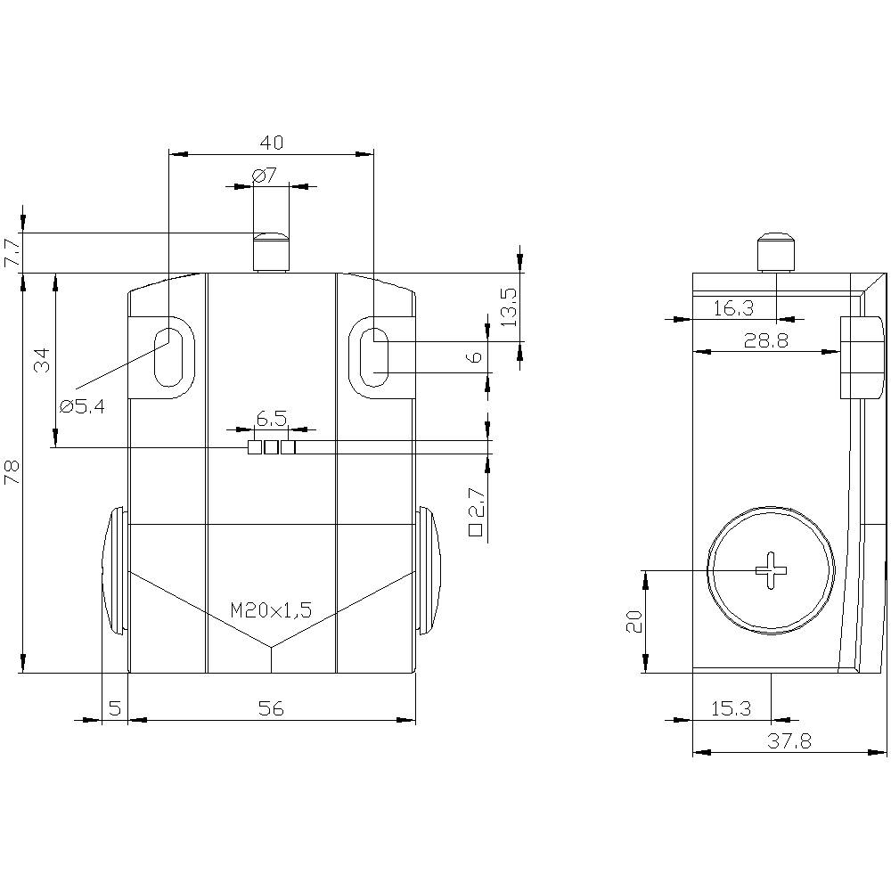 Dessin technique d'une pièce mécanique avec indications dimensionnelles. Vue de face et vue latérale, dimensions exprimées en millimètres.